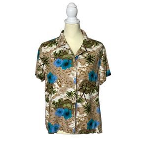Vintage White Stag Floral Hawaiian Button Front Camp Shirt Women' Size Large